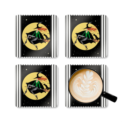 A Witch’s Moonlit Flight Corkwood Coaster Set
