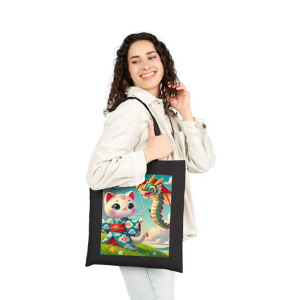 Geisha Kitten and the Dragon Kite Cotton Canvas Tote Bag – Joyful Flight & Dragon Spirit