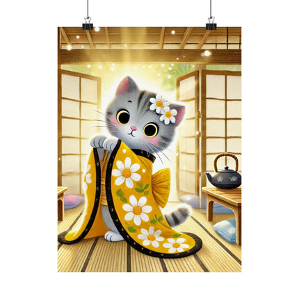 🐱🍵 Playful Kitten in the Tea Room Matte Vertical Poster – Curious Charm & Cozy Whimsy