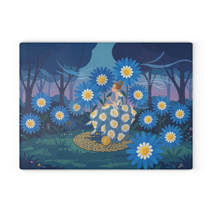 🌼🧶 The Lady Of The Blue Daisy Garden Glass Cutting Board – Art Deco Floral Elegance