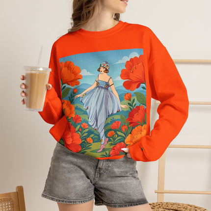 🌺🩵 The Poppy Hill Promenade Crewneck Sweatshirt – Art Deco Fashion Whimsy