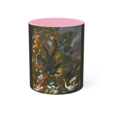 Still Life With Birds Beside An Ornate Fountain by Nicola Casissa Colorful Mugs, 11oz
