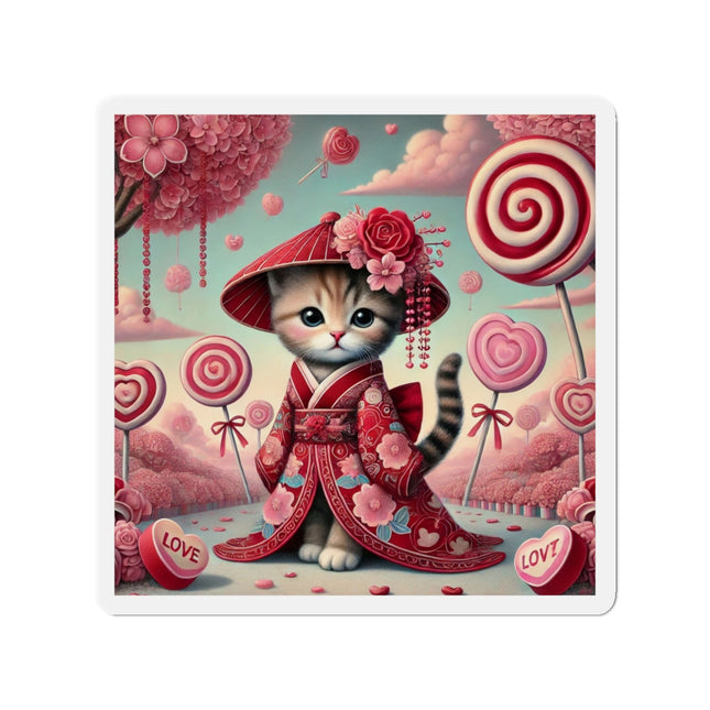Whimsical Geisha Kitten in a Valentine Garden Die-Cut Magnets (5 Sizes)