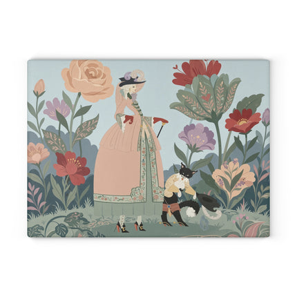 🌸🐈 The Lady And Puss In Boots Glass Cutting Board – Art Deco Floral Fashion Fantasy