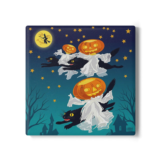 🐈‍⬛🎃 The Flying Black Cats Of Halloween Ceramic Coaster – Whimsical Storybook Charm