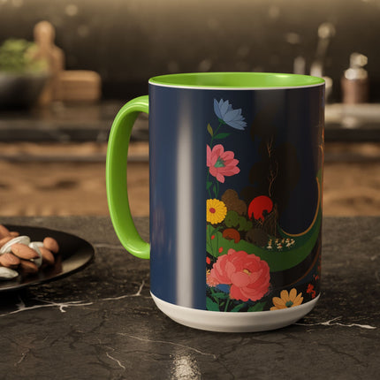 The Lady And The Crimson Moonbird Colorful Mugs – Art Deco Whimsical Garden Elegance