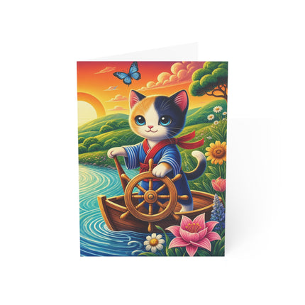 🌅🐱 The Sunset River Sailor Kitten Greeting Card – Whimsical Floral Adventure