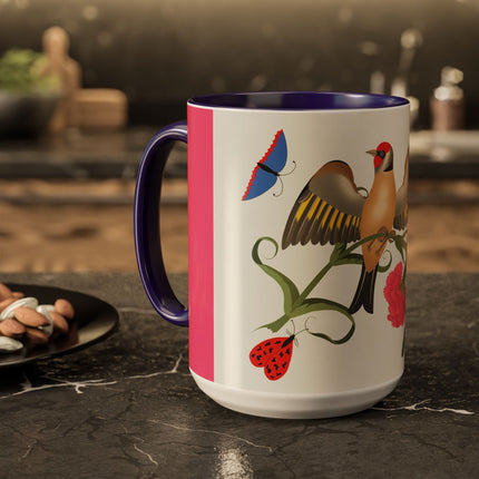 Goldfinch & Pink Flowers Colorful Mugs – Vibrant Spring & Bold Beauty