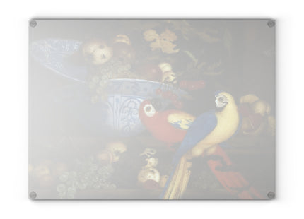 Fruit Still Life With Two Parrots by Balthasar van der Ast Glass Cutting Board