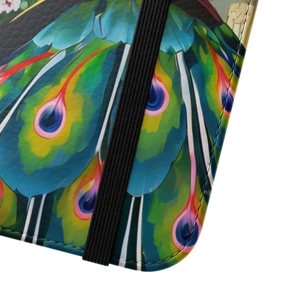 🦚🌸 Techno Plumes Peacock Flip Case – Neon Elegance & Sakura Dreams