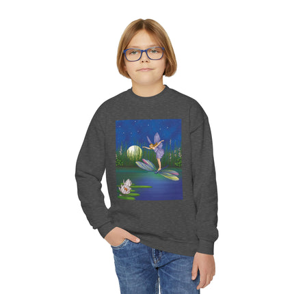 Fairy on a Dragonfly Youth Crewneck Sweatshirt – Enchanting Moonlit Fantasy