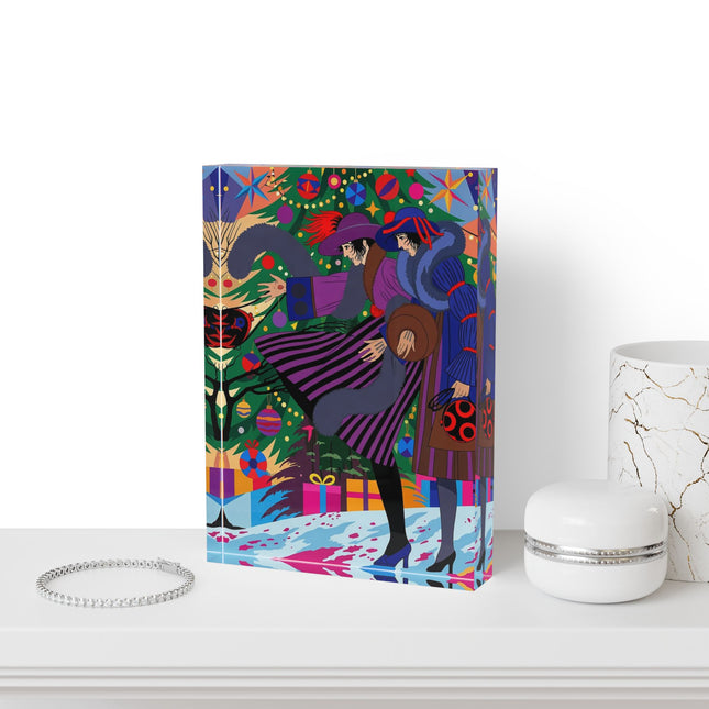 🎄✨ Christmas Among The Twinkling Trees Acrylic Art Block – Art Deco Holiday Fantasy