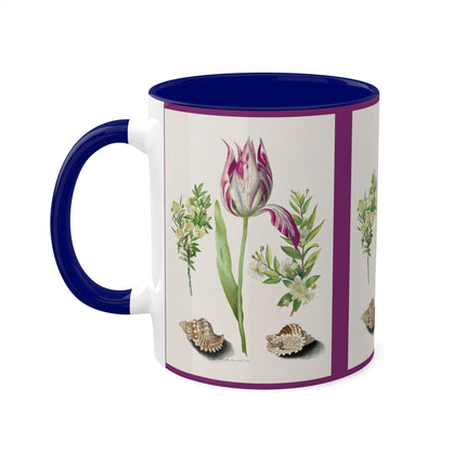 Tulip, Branches of Myrtle and Shells by Maria Sibylla Merian Colorful Mugs, 11oz
