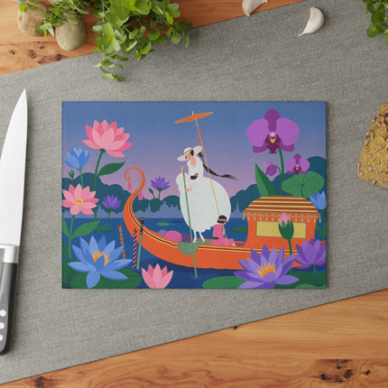 🪷🚣 The Lady Of The Lotus Lake Glass Cutting Board – Art Deco Botanical Fantasy