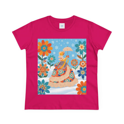 🌼❄️ The Winter Parasol Lady Cotton Tee – Art Deco Floral Fantasy