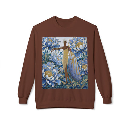 💙✨ The Lady Of The Gilded Blue Blossom Garden Midweight Crewneck Sweatshirt – Art Deco Floral Elegance