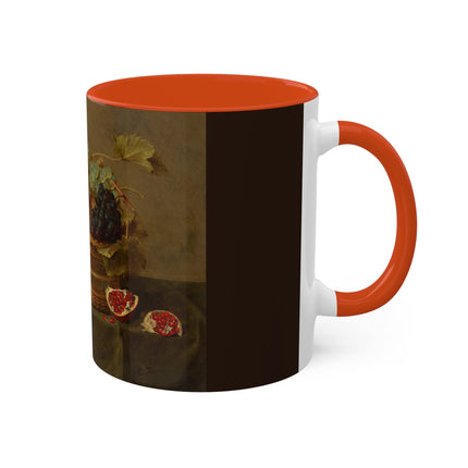 Basket of Grapes and a Pomegranate on a Table by Jacob van Hulsdonck Colorful Mugs, 11oz