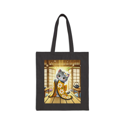 Playful Kitten in the Tea Room Cotton Canvas Tote Bag – Curious Charm & Cozy Whimsy