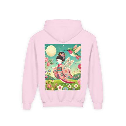 Geisha Fairy and the Hummingbird Blossom Youth Hooded Sweatshirt – Cozy Magic in Bloom