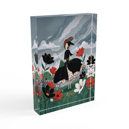 🌧️🌺 The Lady Of The Rainy Flower Meadow Acrylic Art Block – Art Deco Floral Whimsy