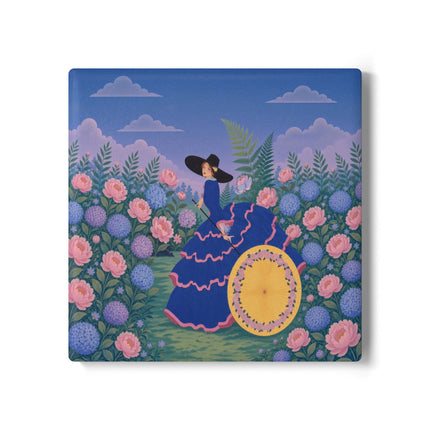 🌸☂️ The Lady Of The Flower Garden Parasol Ceramic Coaster – Art Deco Garden Elegance