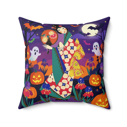 🌙🎃 The Moonlit Garden Masquerade Square Pillow – Floral Halloween Charm