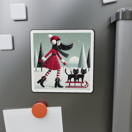 Red Sled & Curious Cats Die-Cut Magnets (5 Sizes)
