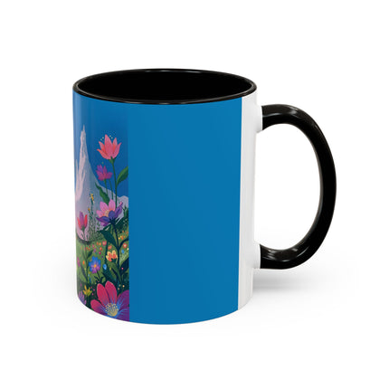 The Lady And The Moonlit Peak Colorful Mugs – Art Deco Alpine Garden Elegance