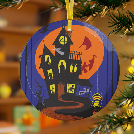 Halloween Night at the Haunted House Glass Ornament