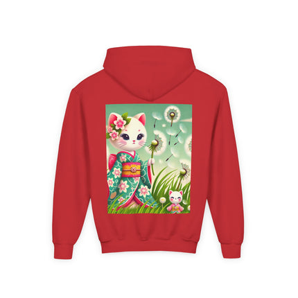 Geisha Kitten and the Dandelion Wish Youth Hooded Sweatshirt – Soft Dreams & Gentle Wonder