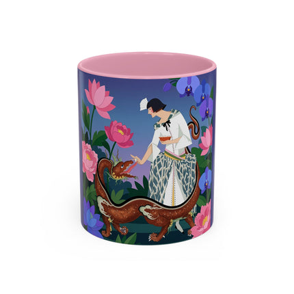 The Lady And The Garden Dragon Colorful Mugs – Art Deco Mythical Botanical Elegance