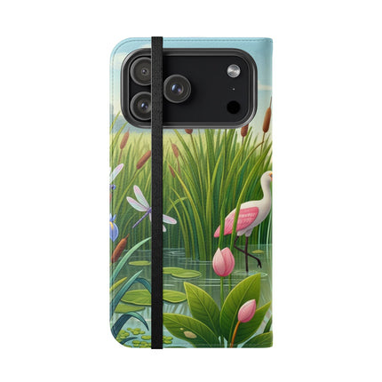 🦩🌸 Geisha Kitten Strolls Among the Spoonbills Flip Case – Serene Grace & Marshland Wonder