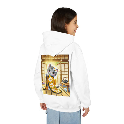 Playful Kitten in the Tea Room Youth Hooded Sweatshirt – Curiosity, Charm & Cozy Comfort