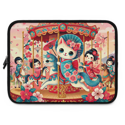 Geisha Kitten's Enchanted Carousel Laptop Sleeve – Whimsical Dreams & Cherry Blossom Magic