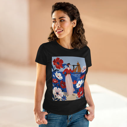⚓🌺 The Seaside Flower Adventurer Cotton Tee – Art Deco Nautical Fashion