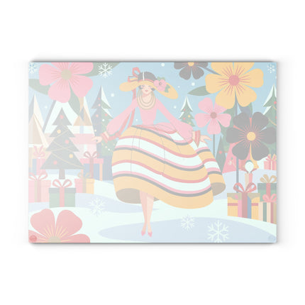 🌸🎁 The Lady Of The Christmas Flower Garden Glass Cutting Board – Art Deco Holiday Fantasy