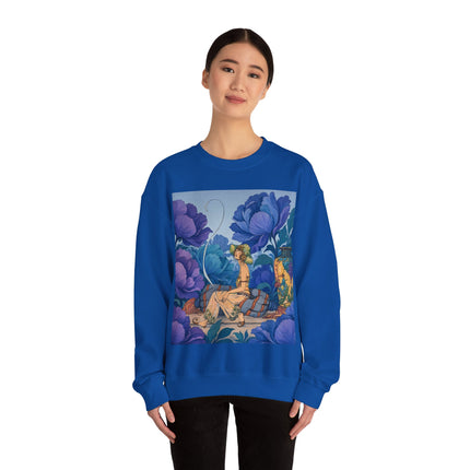 💙🌸 The Lady Among The Blue Blossoms Crewneck Sweatshirt – Art Deco Floral Reverie