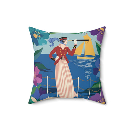 🌊🔭 The Lady Of The Seaside Lookout Square Pillow – Art Deco Nautical Adventure