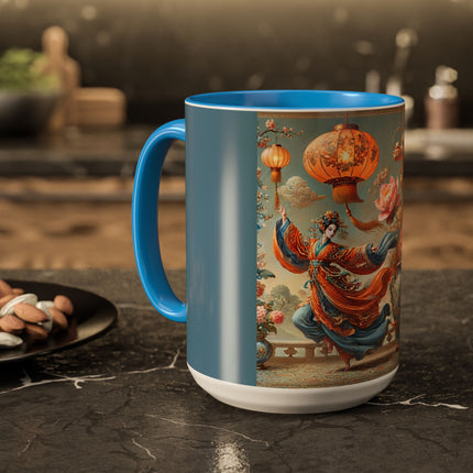 Golden Dragon & Lantern Lady Colorful Mug – Imperial Dragon & Elegant Harmony