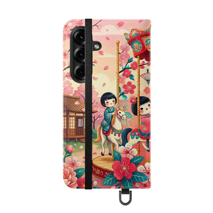 🎠🌸 Geisha Kitten's Enchanted Carousel Flip Case – Whimsical Dreams & Cherry Blossom Magic