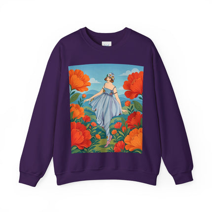 🌺🩵 The Poppy Hill Promenade Crewneck Sweatshirt – Art Deco Fashion Whimsy