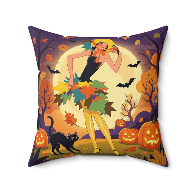 🌕🍂 Autumn Song Beneath The Harvest Moon Square Pillow – Whimsical Halloween Charm