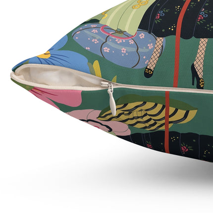 🌸🪞 The Lady Of The Floral Parasol Square Pillow – Art Deco Garden Whimsy
