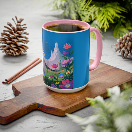 The Lady And The Moonlit Peak Colorful Mugs – Art Deco Alpine Garden Elegance