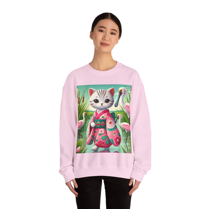 Geisha Kitten Strolls Among the Spoonbills  Unisex Heavy Blend™ Crewneck Sweatshirt