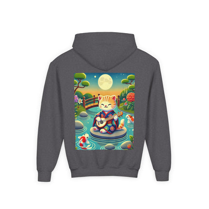 Melodic Kitten by the Koi Pond Youth Hooded Sweatshirt – Peaceful Harmony & Playful Music