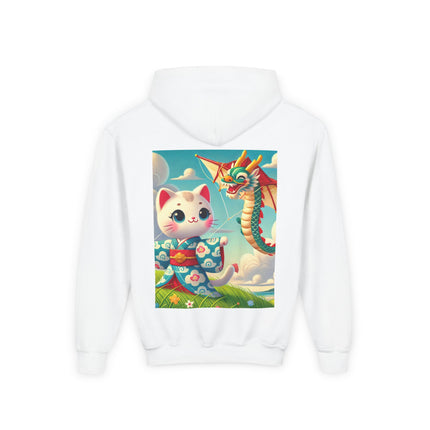 Geisha Kitten and the Dragon Kite Youth Hooded Sweatshirt – Bold Energy & Sky-High Adventure
