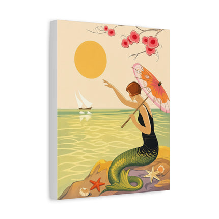 🧜‍♀️☂️ The Mermaid With The Parasol Matte Canvas – Art Deco Seaside Fantasy