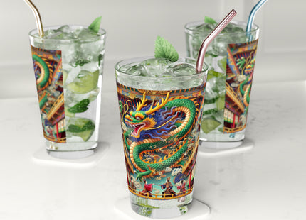 Tibetan Dragon Over Kabuki Duel Glass, 16oz