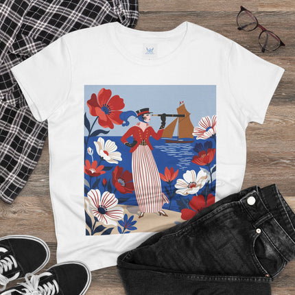⚓🌺 The Seaside Flower Adventurer Cotton Tee – Art Deco Nautical Fashion